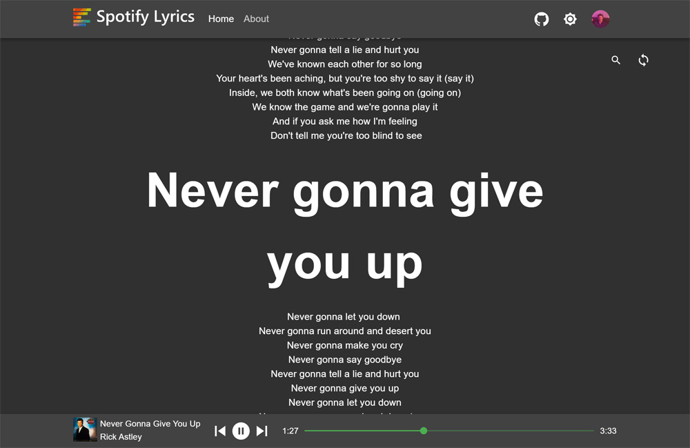 Spotify Lyrics Viewer showing lyrics in dark mode
